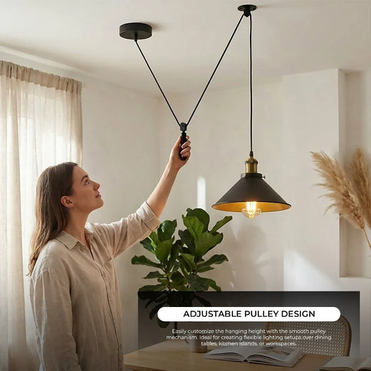 LEDSone Suspension Industrielle Poulie Plafonnier Retro Abat-Jour Cone Metal E27  ~1632