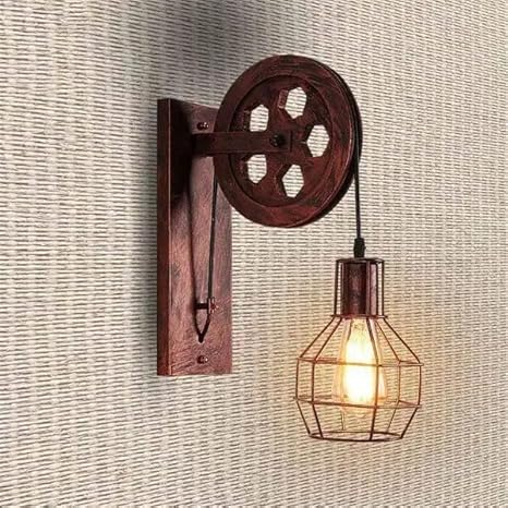 LEDSone Applique Murale Industrielle Vintage Rétro Loft Poulie Roue Lampe Antique Argent Brossé Luminaire avec Abat-Jour en Fil pour Pub Bar Restaurants