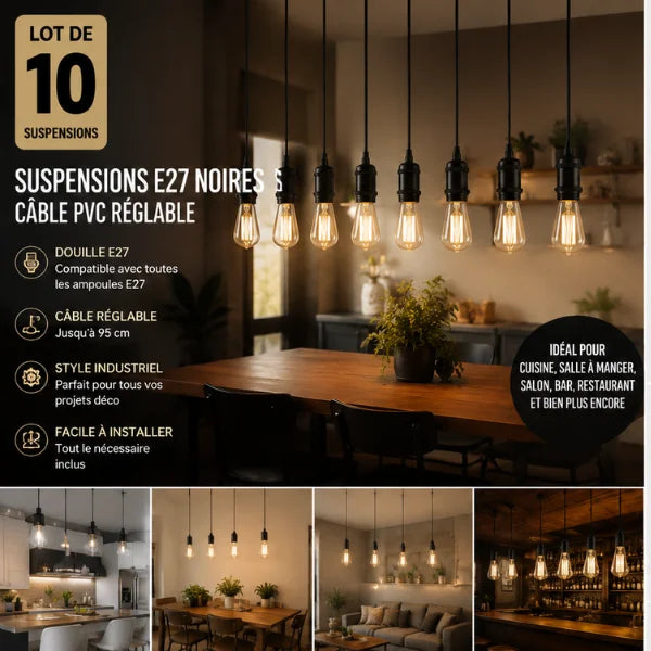 Lot de 10 suspensions noires E27 avec câble PVC