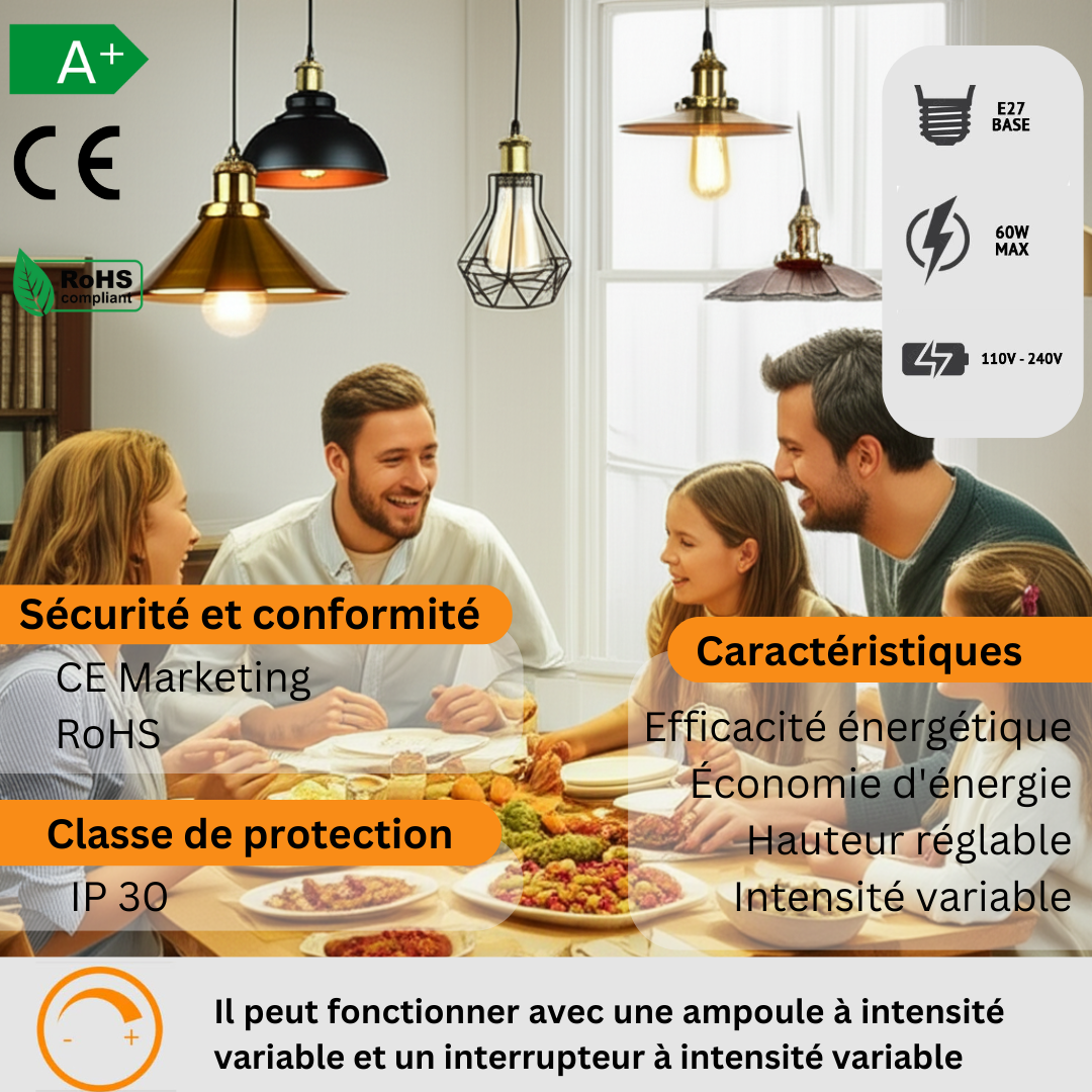 Lustre Suspension Luminaire Plusieurs 5 Fils Métal E27 Spécification