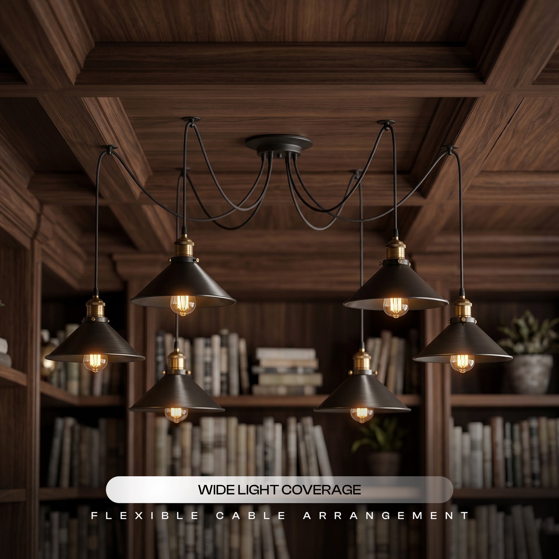 Lustre araignée noir à plusieurs points lumineux – vue détaillée