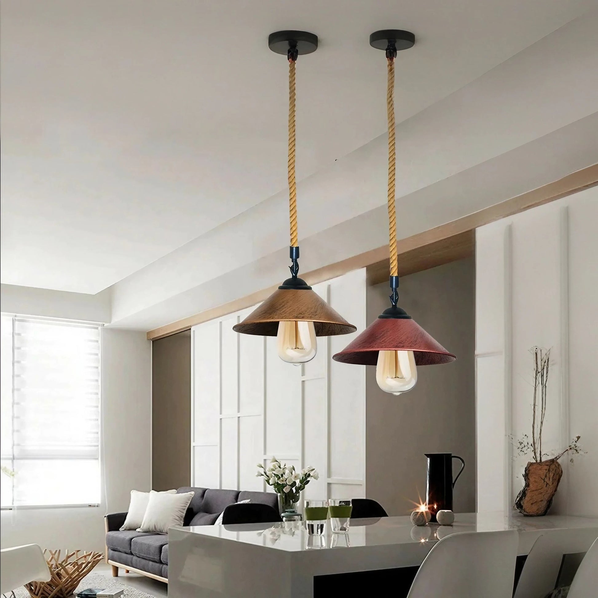 Metal hemp pendant lamp lighting with light bulb