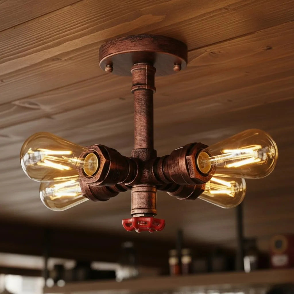 Plafonnier à Tube d'eau Design Industrielle Rétro Lampe de Plafond 4 Tête Noir