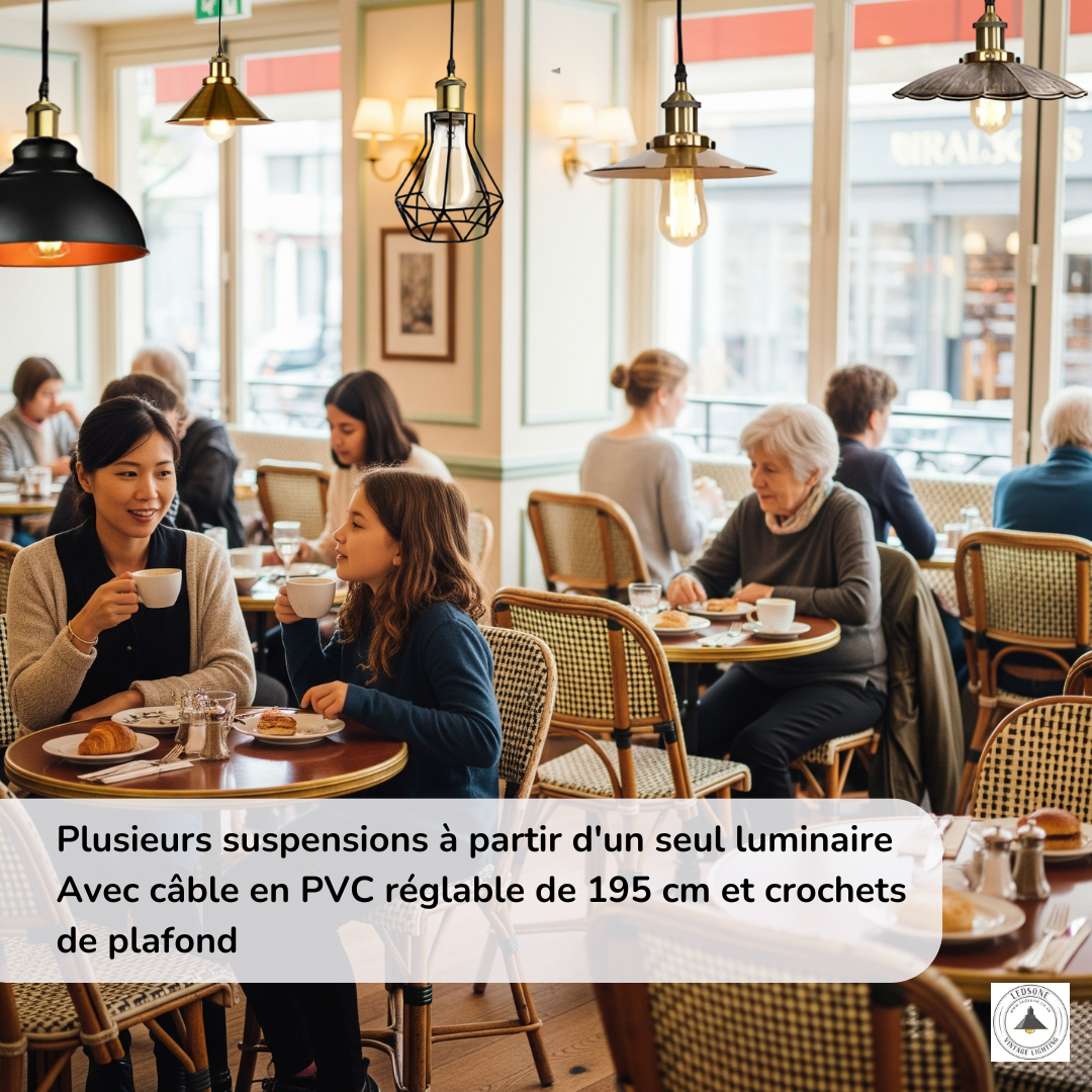 Plusieurs suspensions à partir d'un seul luminaire Avec câble en PVC réglable de 195 cm et crochets de plafond