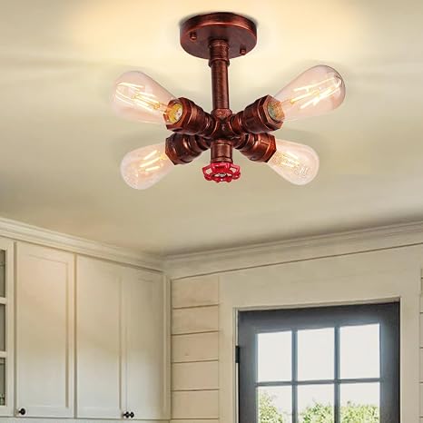 Vintage Plafonnier Tube d'eau Industriel Lustre Luminaire en Métal Rétro Suspension 4 Tête lampe Design E27 pour Salon Cuisine Couloir Loft Chambre