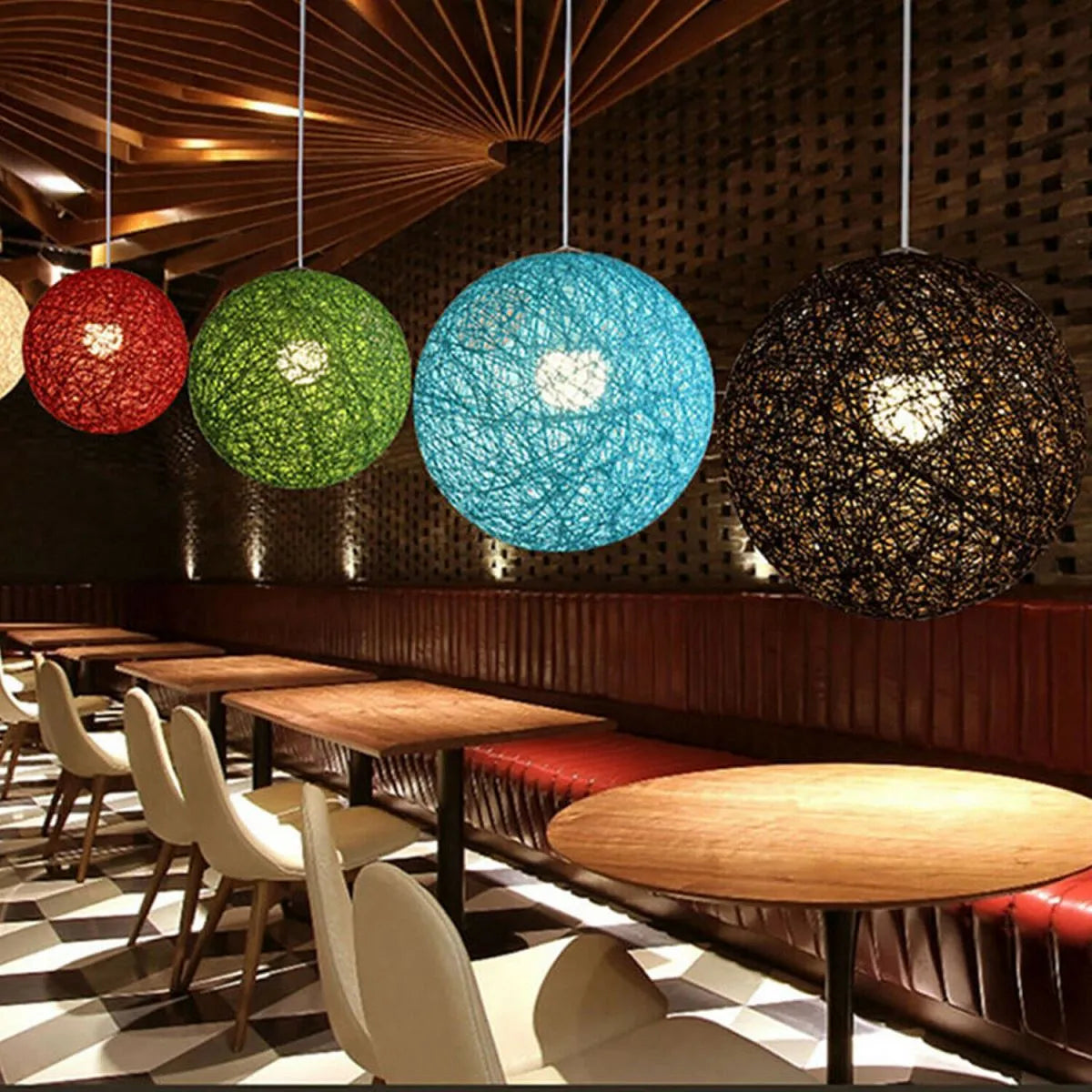  Rétro Suspension Luminaire en Rotin Globe Rond 15cm , Lustre Abat-jour DIY Lampe Plafond E27 pour Salon Restaurant Centre commercial Bar