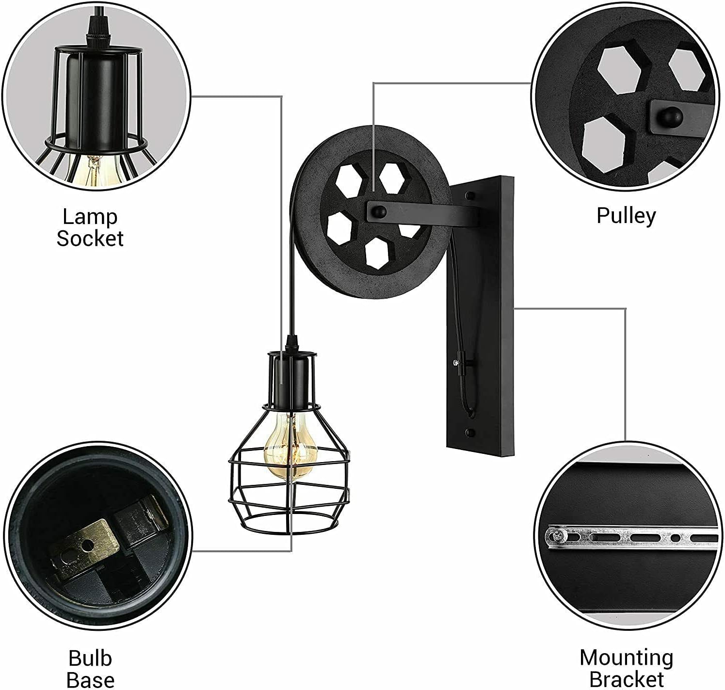 Applique Industrielle Poulie Rétro Suspendue Lampe de Mur en Fer Eclairage Murale E27