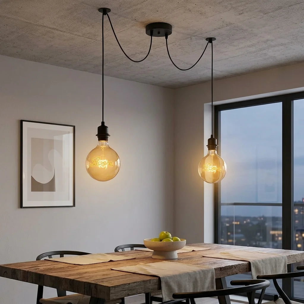 Suspension Luminaire 2 Ampoules Câble en Lin 2m | Douille E27 en Bakelite, Pavillon en Acier, Compatible DCL, Chambre, Salon, Cuisine, Couleur Lin Noir