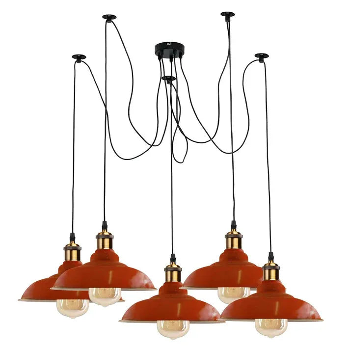Suspension araignée 5 lumières E27 de style industriel à hauteur réglable avec abat-jour en métal orange