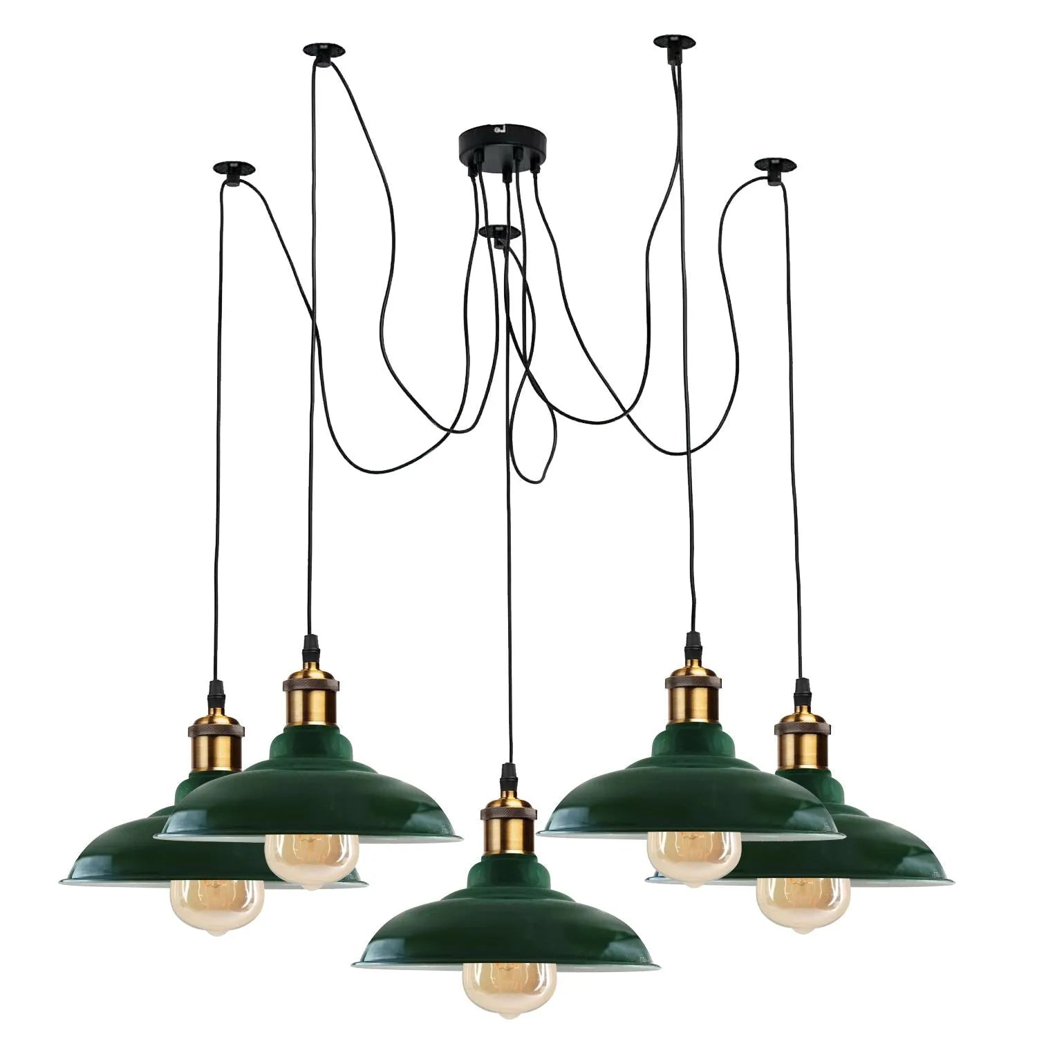 Suspension araignée 5 lumières E27 de style industriel à hauteur réglable avec abat-jour en métal vert