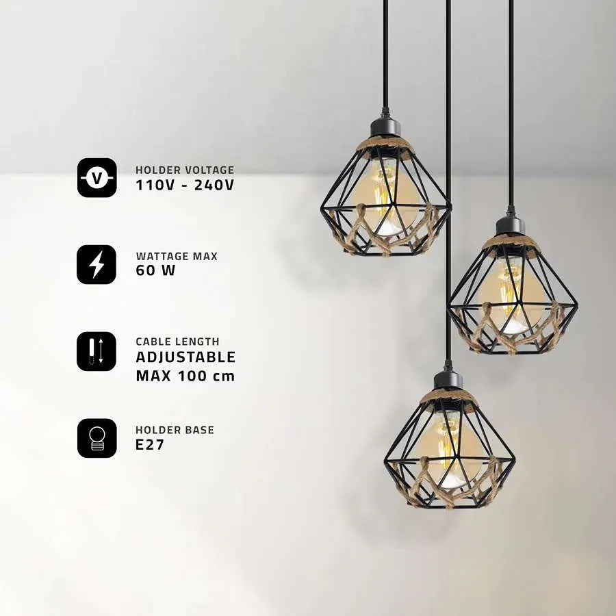 Suspension en corde de chanvre et métal 3 lumières