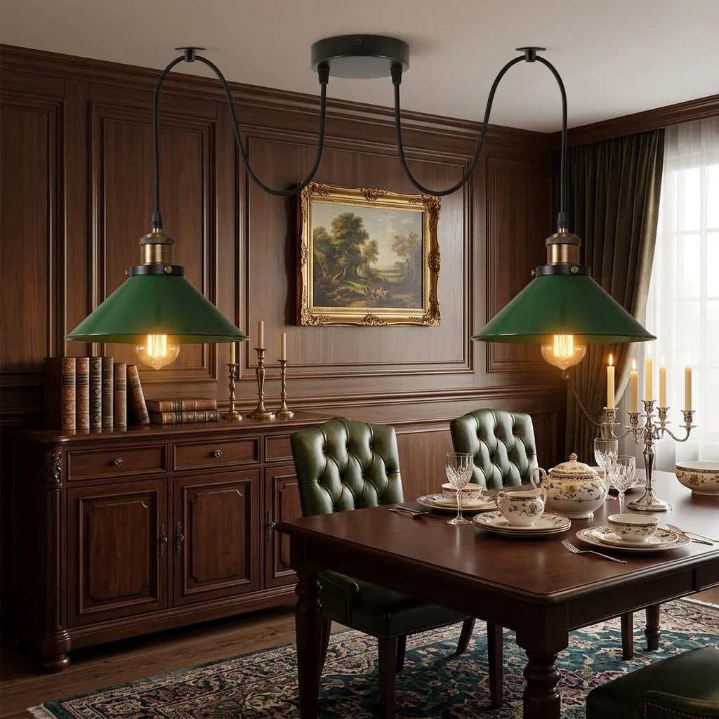 Suspension industrielle 2 lampes E27 avec abat-jours métal
