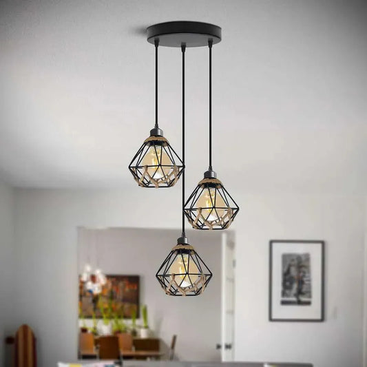 Suspension industrielle 3 lumières E27 en métal et corde de chanvre