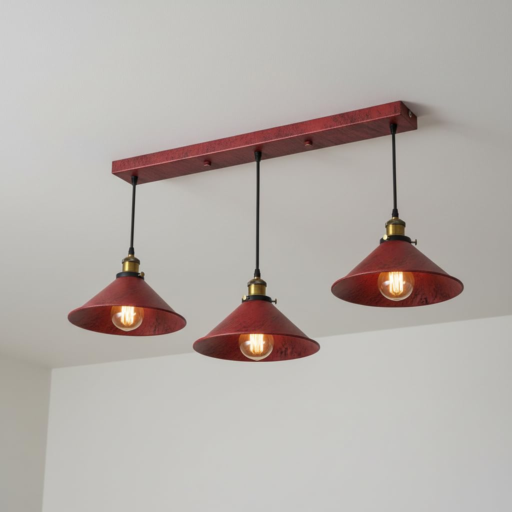 LEDSone Suspension industrielle vintage en métal argenté brossé à 3 têtes avec abat-jour conique E27 et support de plafond de 50 cm