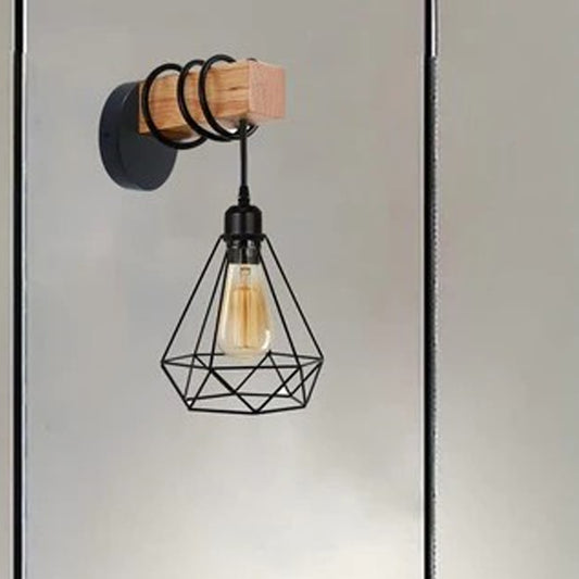 Vintage Edison métal fil Cage suspendu abat-jour pendentif lumière bois applique ~ 1313