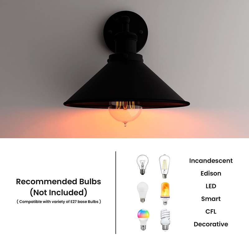 Black Cone Shade Wall Lighting Adjustable Arm-Bulb Details