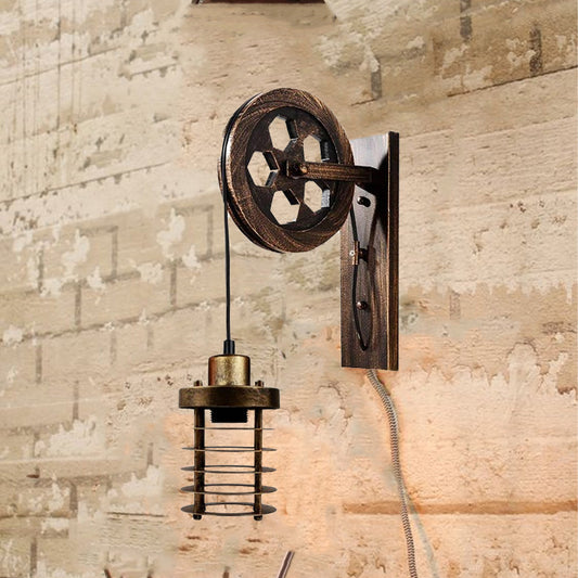Lumière murale industrielle à roue de poulie, luminaire d'intérieur rétro en forme de cylindre en métal ~ 1222