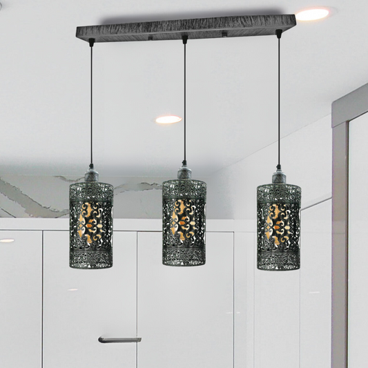 Lampe suspendue industrielle vintage rétro, cylindre à tambour rectangulaire à 3 voies, base de plafond en argent brossé, finition brossée ~ 4020