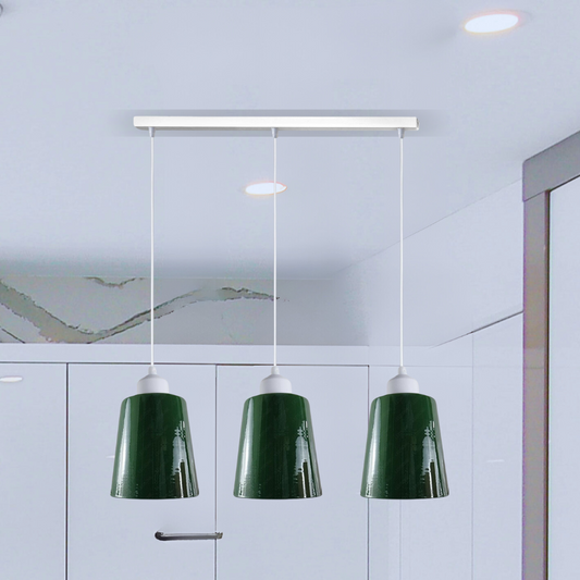 Lampe suspendue verte industrielle moderne rétro à 3 voies en forme de cloche rectangulaire, support E27 UK ~ 3959