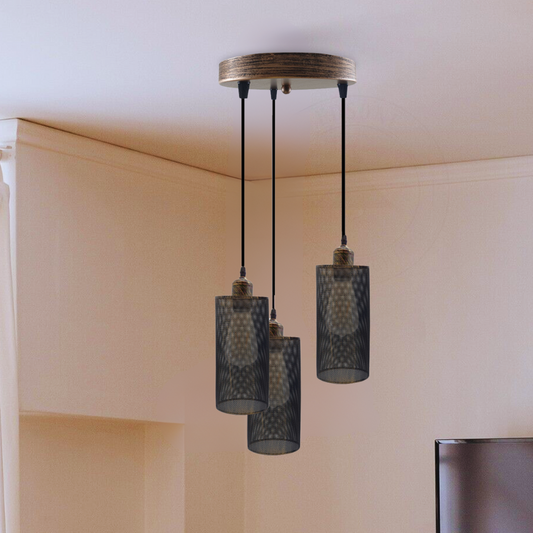 Lampe suspendue vintage rétro à 3 voies en cuivre brossé, base de plafond ronde ~ 3948