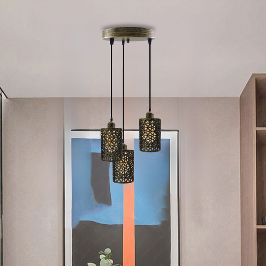 Lampe suspendue vintage rétro à 3 voies en laiton brossé, base de plafond ronde ~ 3946