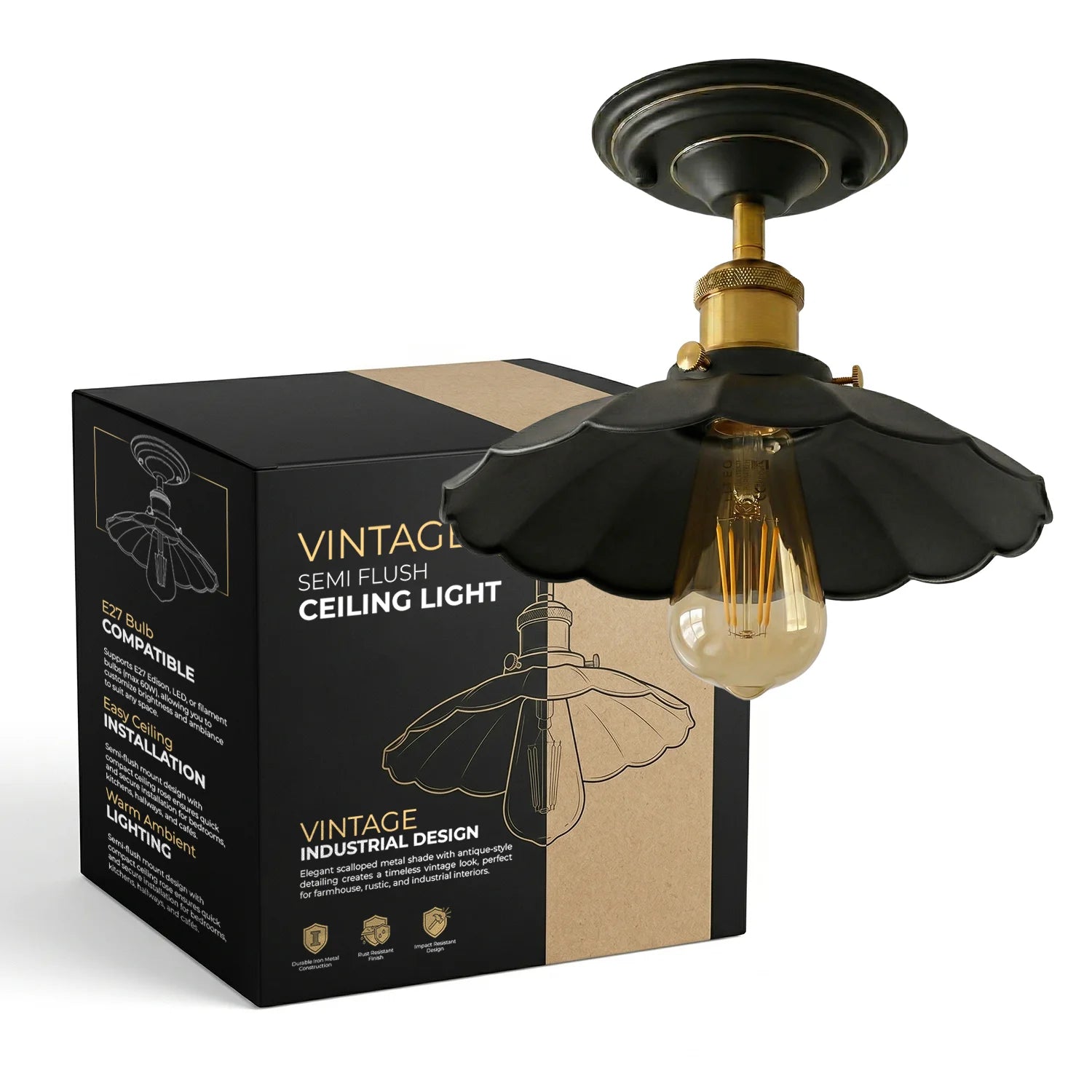 Vintage Plafonnier Industriel en Fer Métal Rétro Lampe de salon