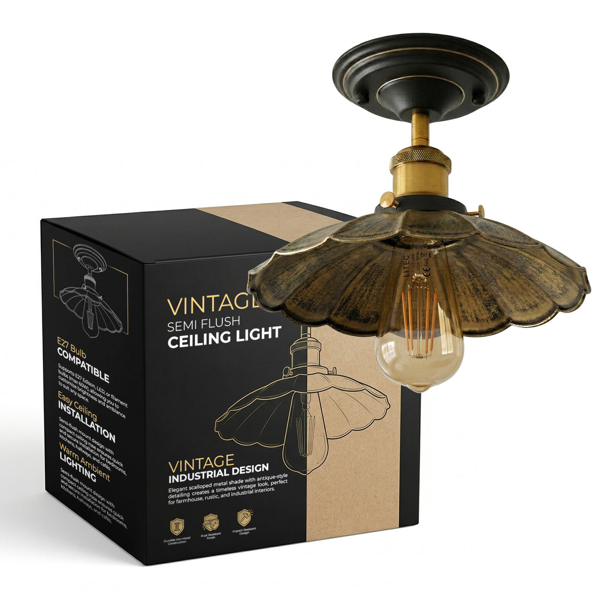 Vintage Plafonnier Industriel en Fer Métal Rétro Lampe de Plafond E27