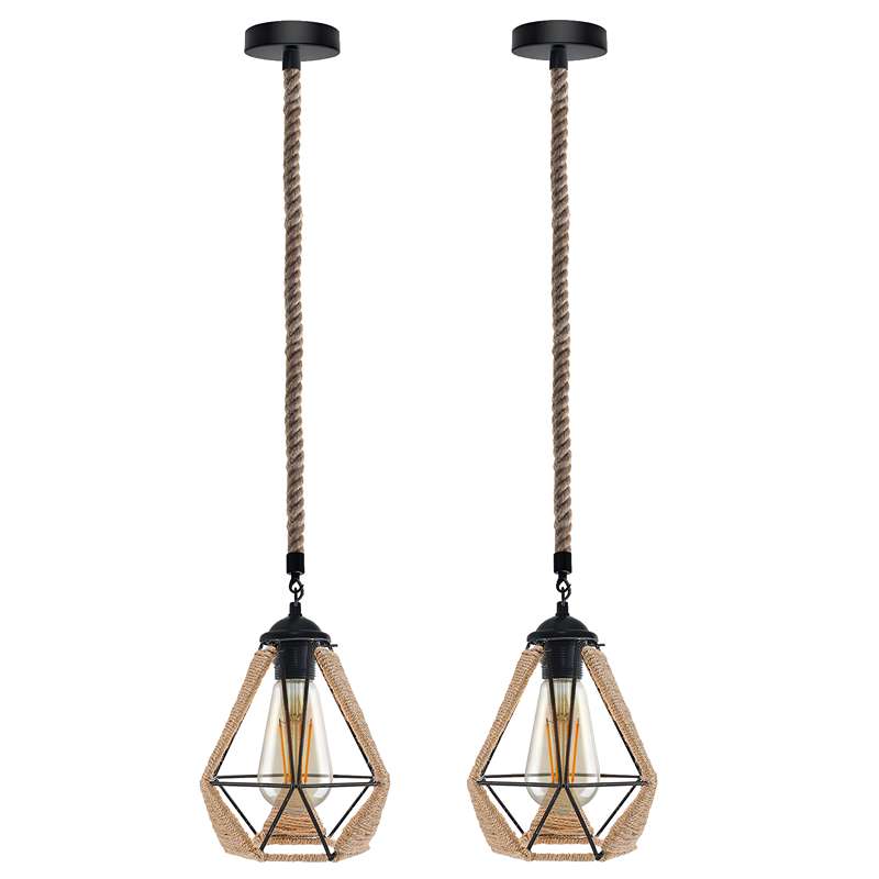 Hemp Rope Pendant Light Vintage Retro Loft Industrial Hanging Lamp-2 Pack