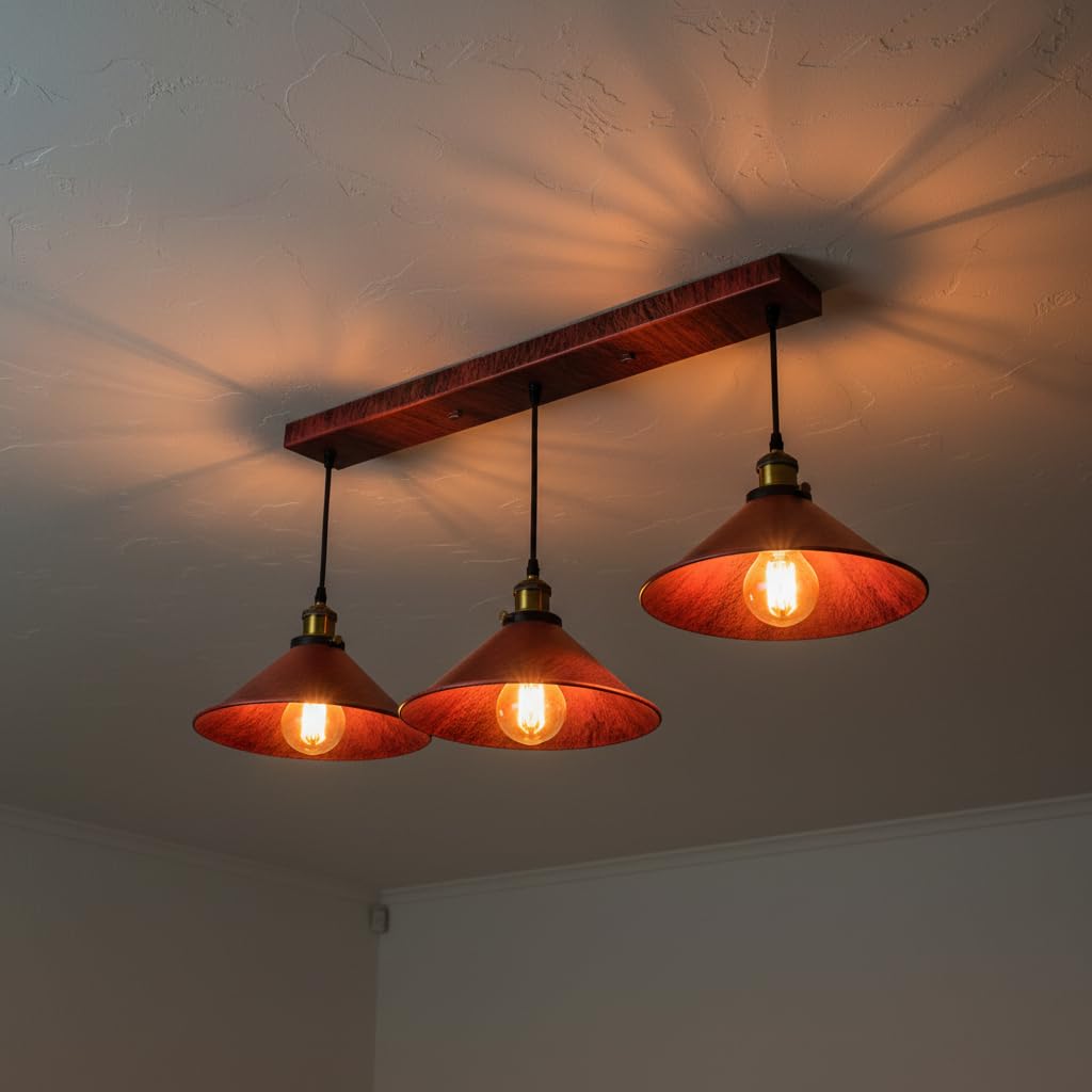 suspension luminaire à 3 têtes de style industriel et vintage se caractérise par ses trois abat-jours en forme de cône métallique d'une finition rouge rustique ou effet rouille