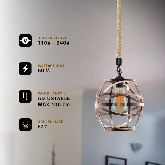 Lampe suspendue en corde de chanvre à plafond unique, avec cage métallique de protection d'ampoule, ~ 5089 