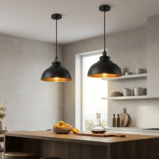 LEDSone Lot de 2 Suspensions Métal Vintage Dôme 29cm | Luminaire Cuisine E27 ~2272