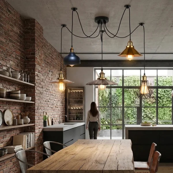 Suspension industrielle E27 avec cinq câbles réglables