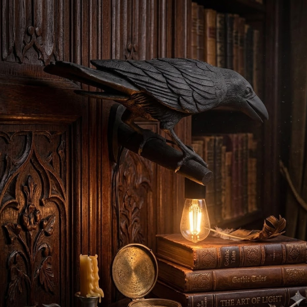 Lampe de table corbeau noir en résine, culot E27