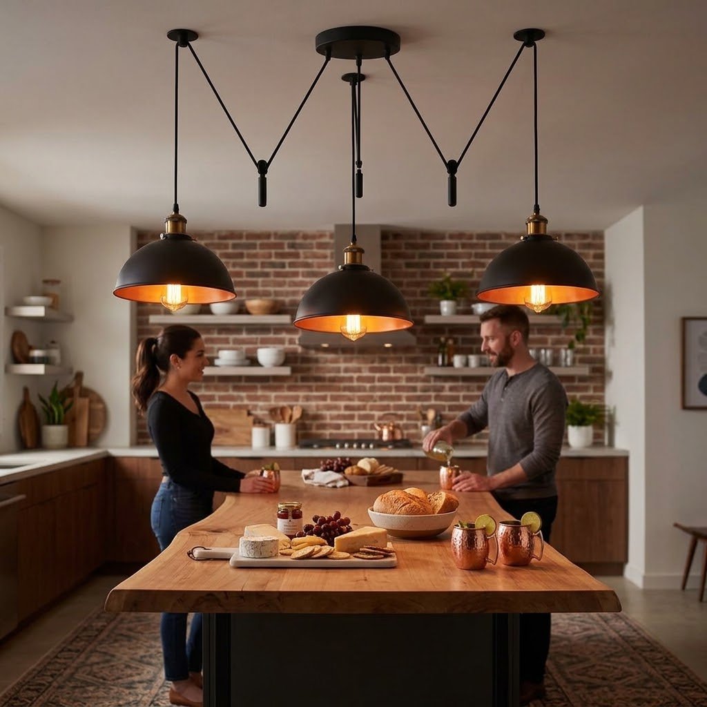suspension 3 lampes style loft industriel luminaire suspendu noir et doré pour cuisine