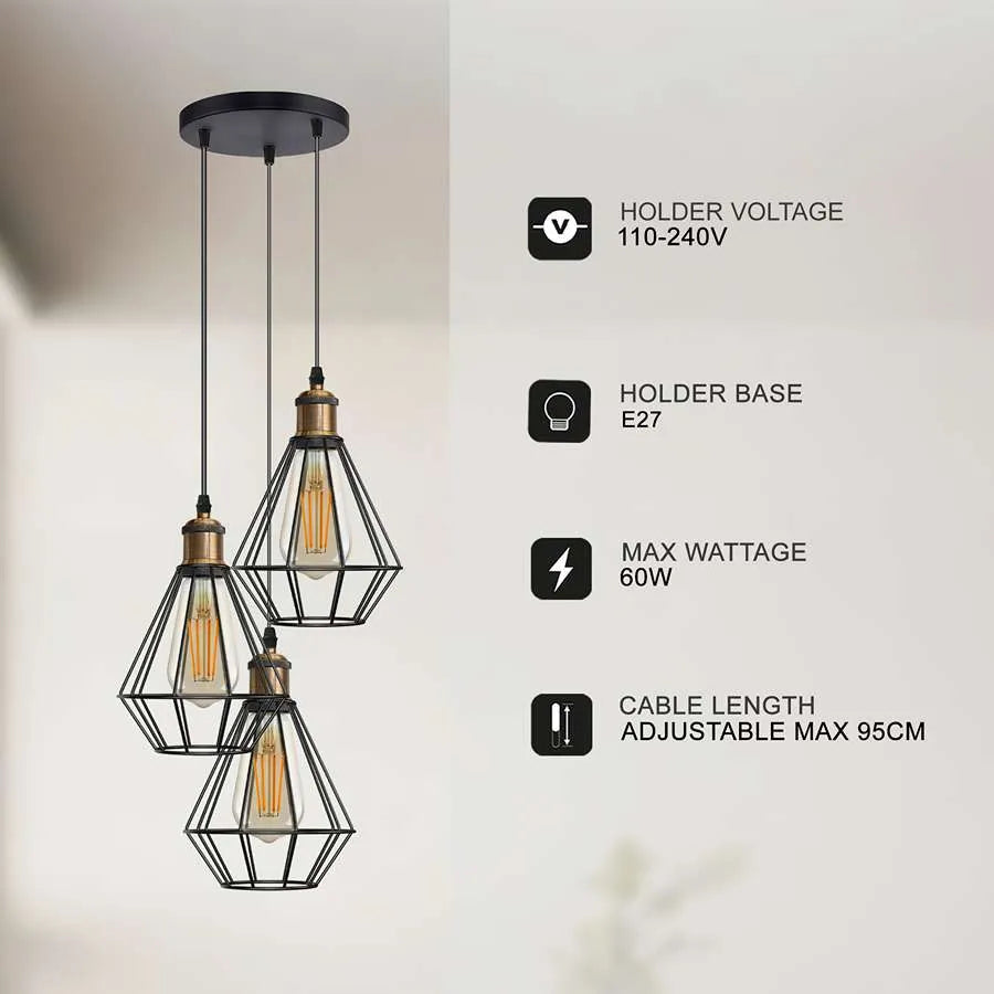 E27 base 3 light pendant light adjustable cable