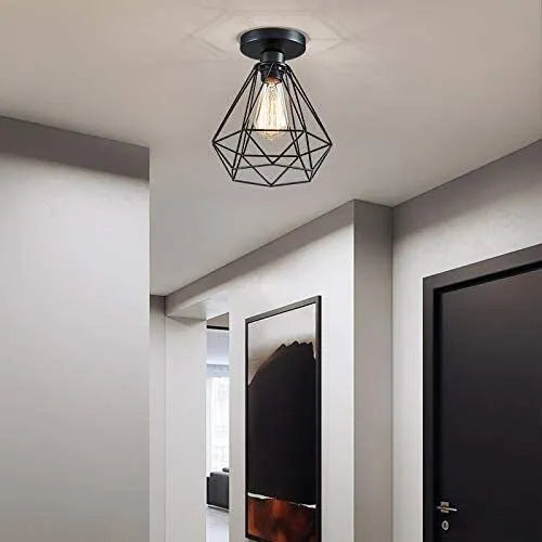 Retro Plafonnier Industrielle Cage Diamant en Metal Fer Luminaire pour Salon Cuisine Couloir