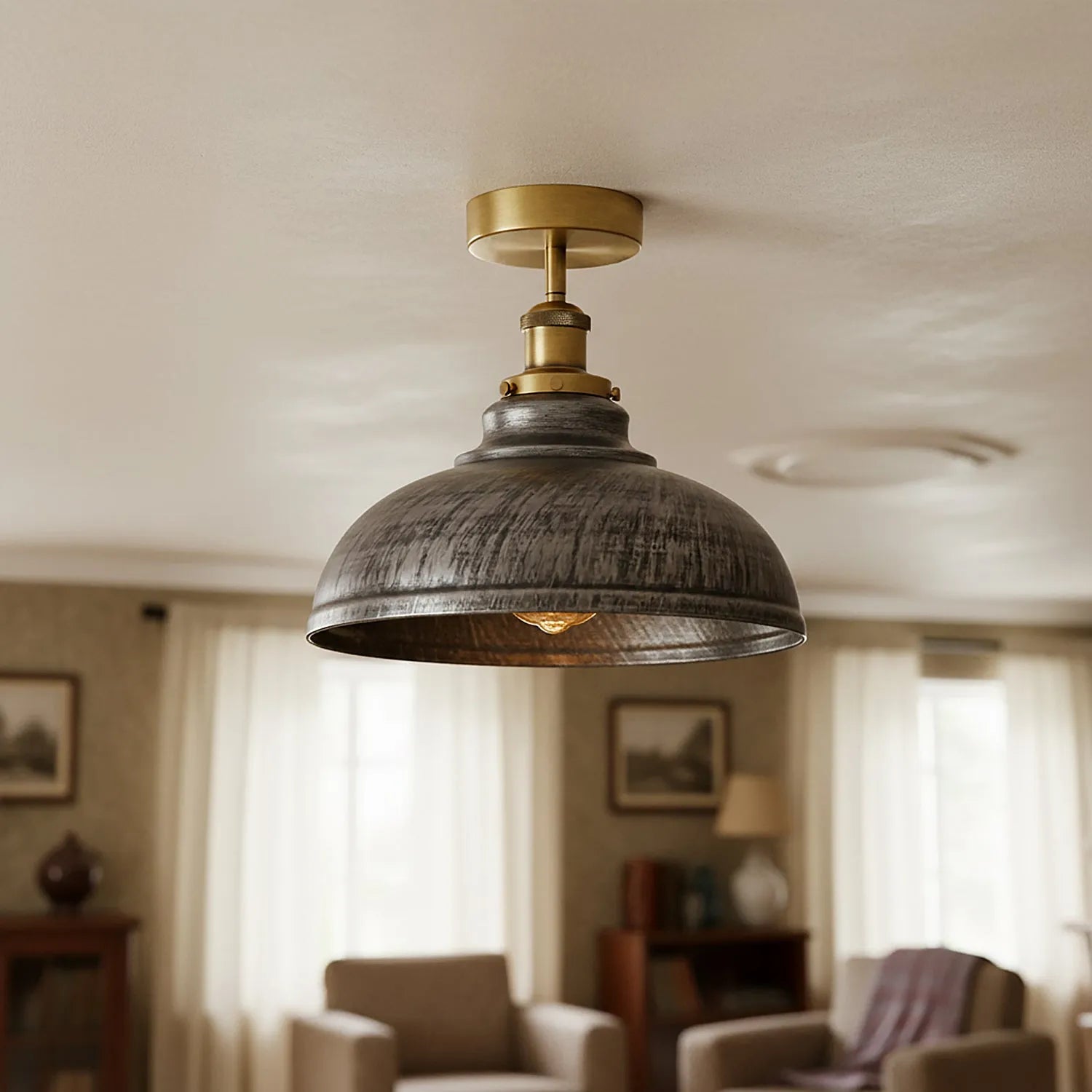 plafonnier dôme métal industriel, semi-flush ceiling light métal, plafonnier proche plafond dôme
