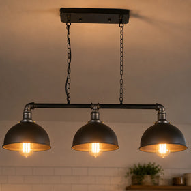 Suspension Industrielle Steampunk 3 Voies Tuyau E27 - Lot Cuisine Méta Noir ~2138