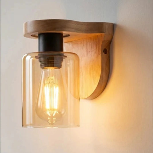 Applique murale e27 intérieur bois verre ambré intérieur lampe vintage ~2052