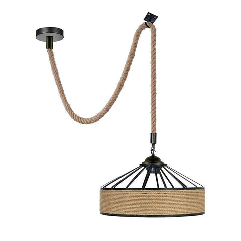 Lustre industriel Vintage, corde de chanvre, pendentif en fer, lampe rétro ~ 5071