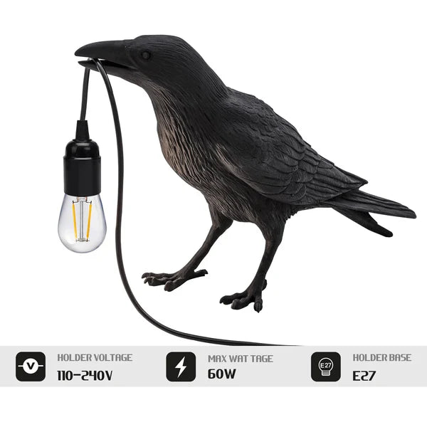 lampe de table corbeau noir, lampe décorative corbeau noir résine, lampe de table style nordique corbeau
