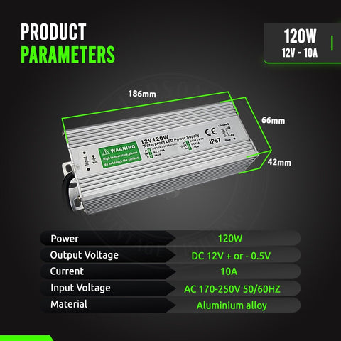 Transformateur d'alimentation pour pilote LED IP67 DC12V 120W ~ 3375