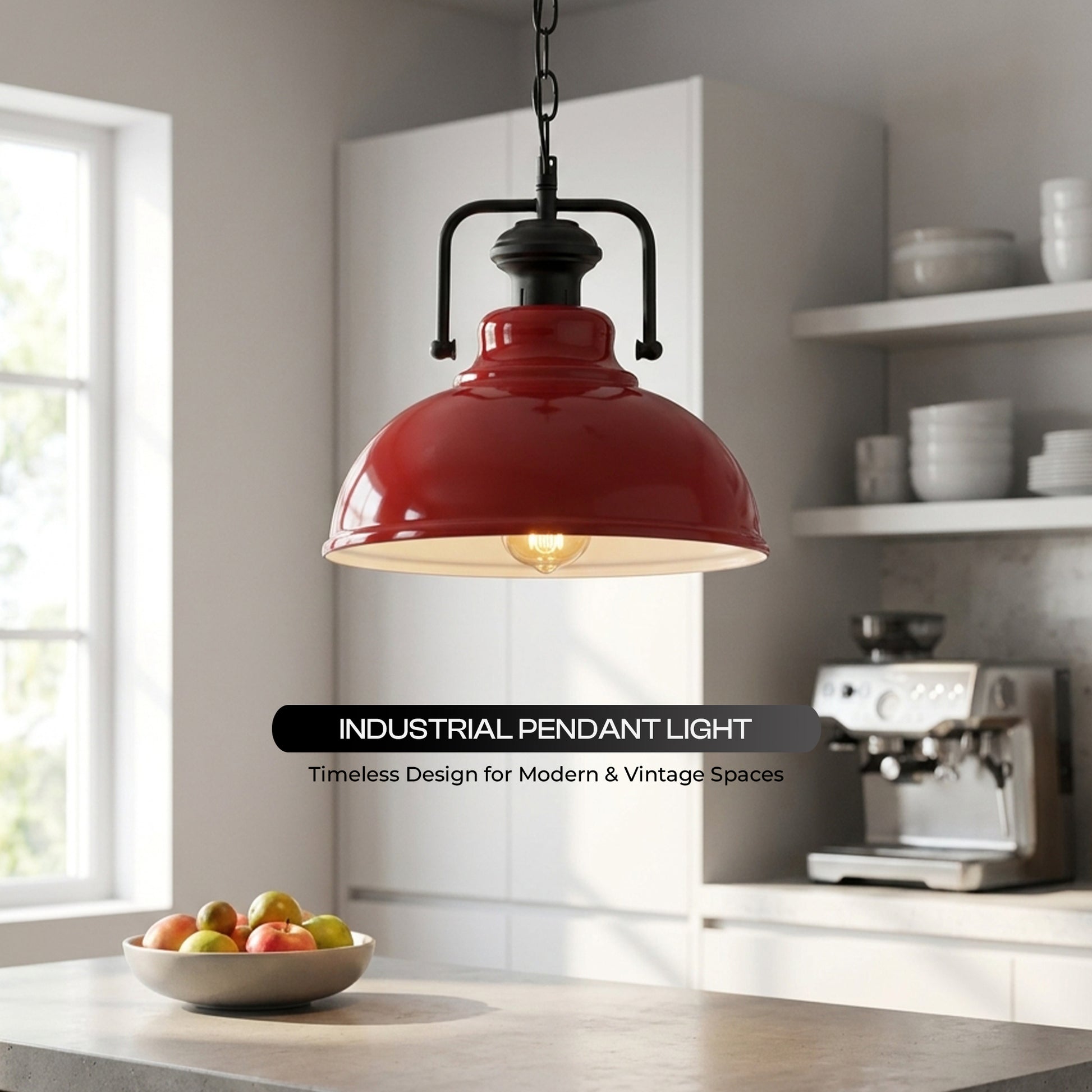 suspension industrielle rouge apporte une touche vintage et rétro, idéale pour illuminer un îlot de cuisine ou une table à manger