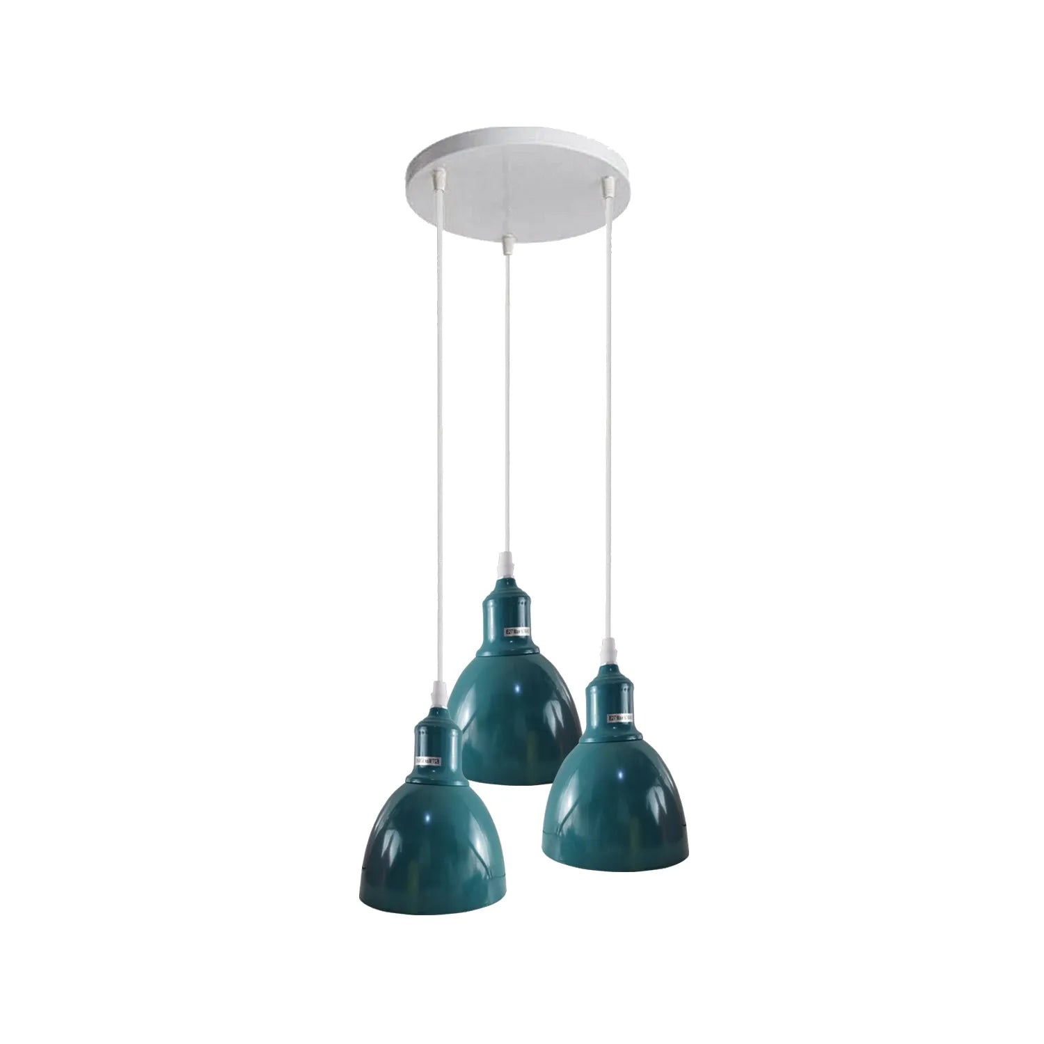 suspension industrielle triple en grappe de couleur bleu cyan / canard, idéale pour apporter une touche rétro et élégante à un intérieur.