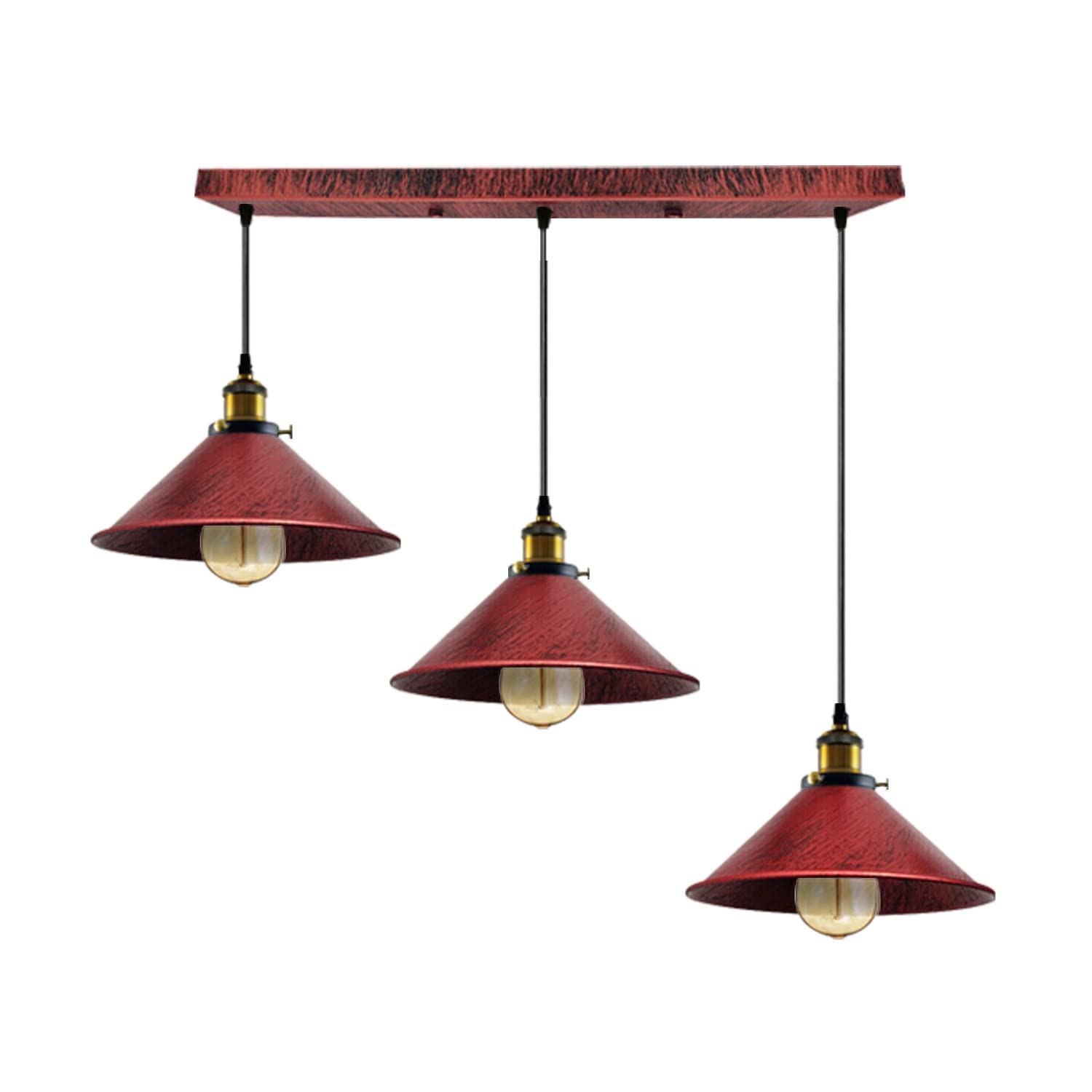 suspension luminaire à 3 têtes de style industriel et vintage se caractérise par ses trois abat-jours en forme de cône métallique d'une finition rouge rustique ou effet rouille