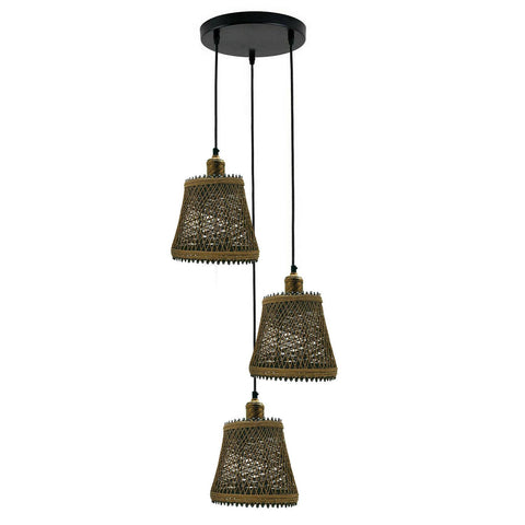 Lustre industriel en rotin et osier, luminaire suspendu au plafond, finition marron ~ 1416