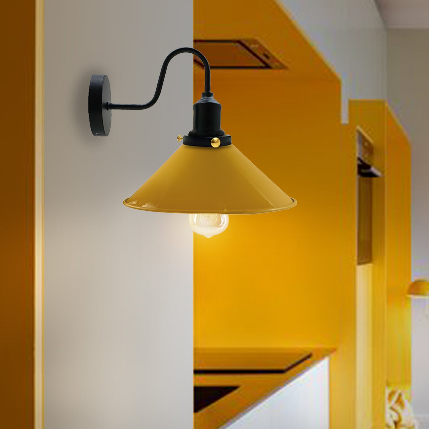 LEDSone Industrial Vintage Swan Neck Indoor Sconce Metal Cone Yellow Shape Shade~3486 - LEDSone UK Ltd