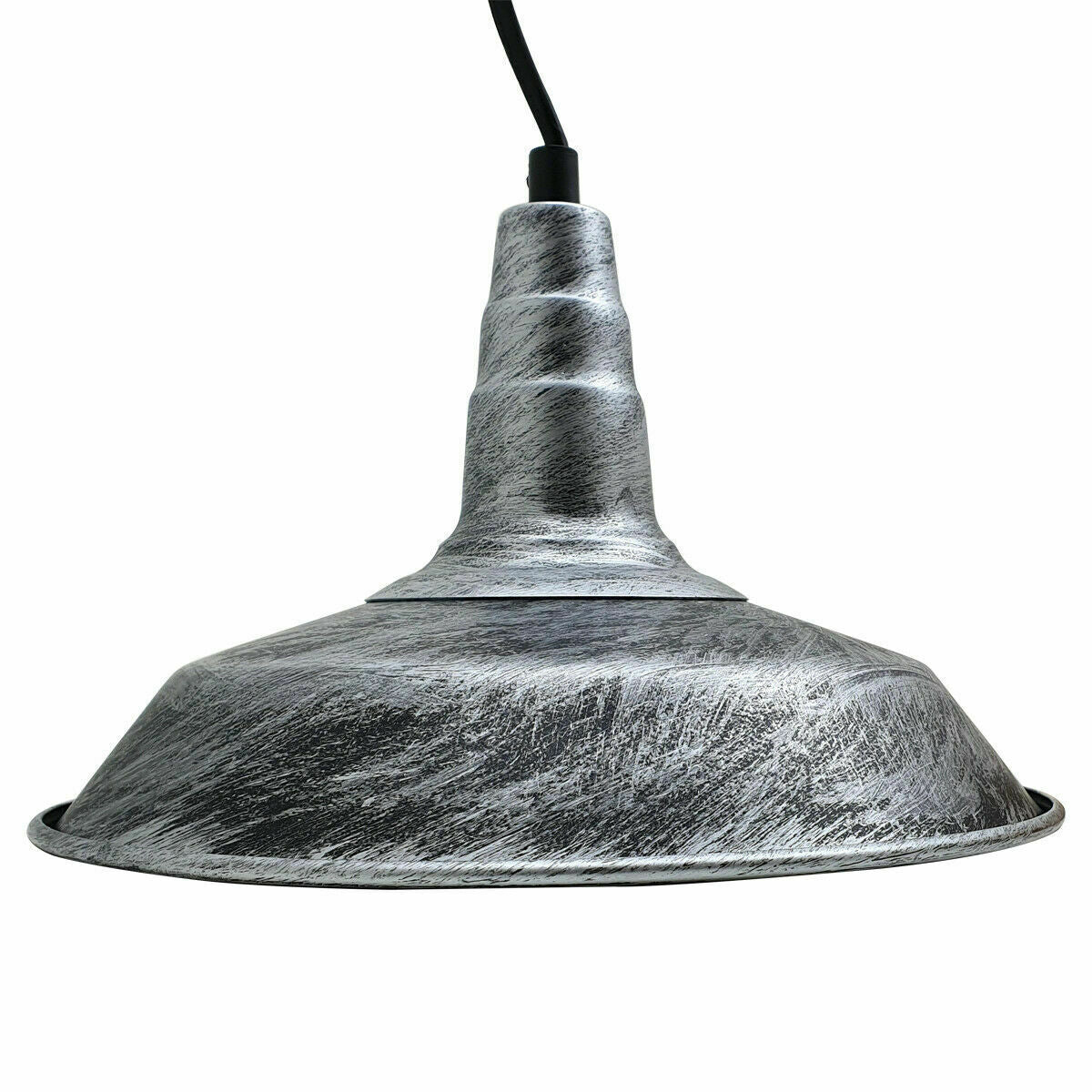 Kitchen pendant light with a silver metal bowl shade.