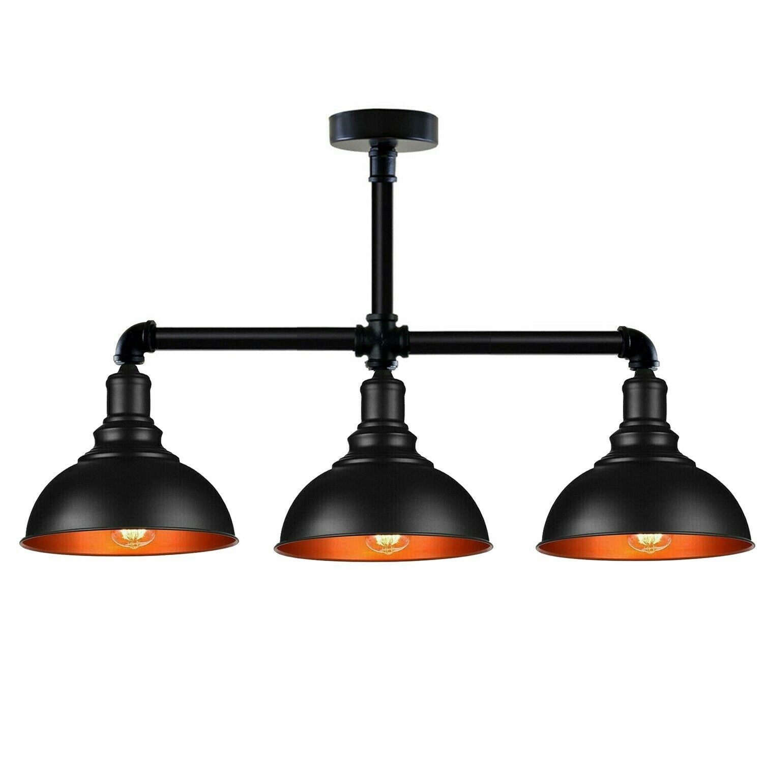 Industrial Vintage Retro Ceiling Pipe Light Black Dome Shade E27 UK Flush Lights~3732 - LEDSone UK Ltd