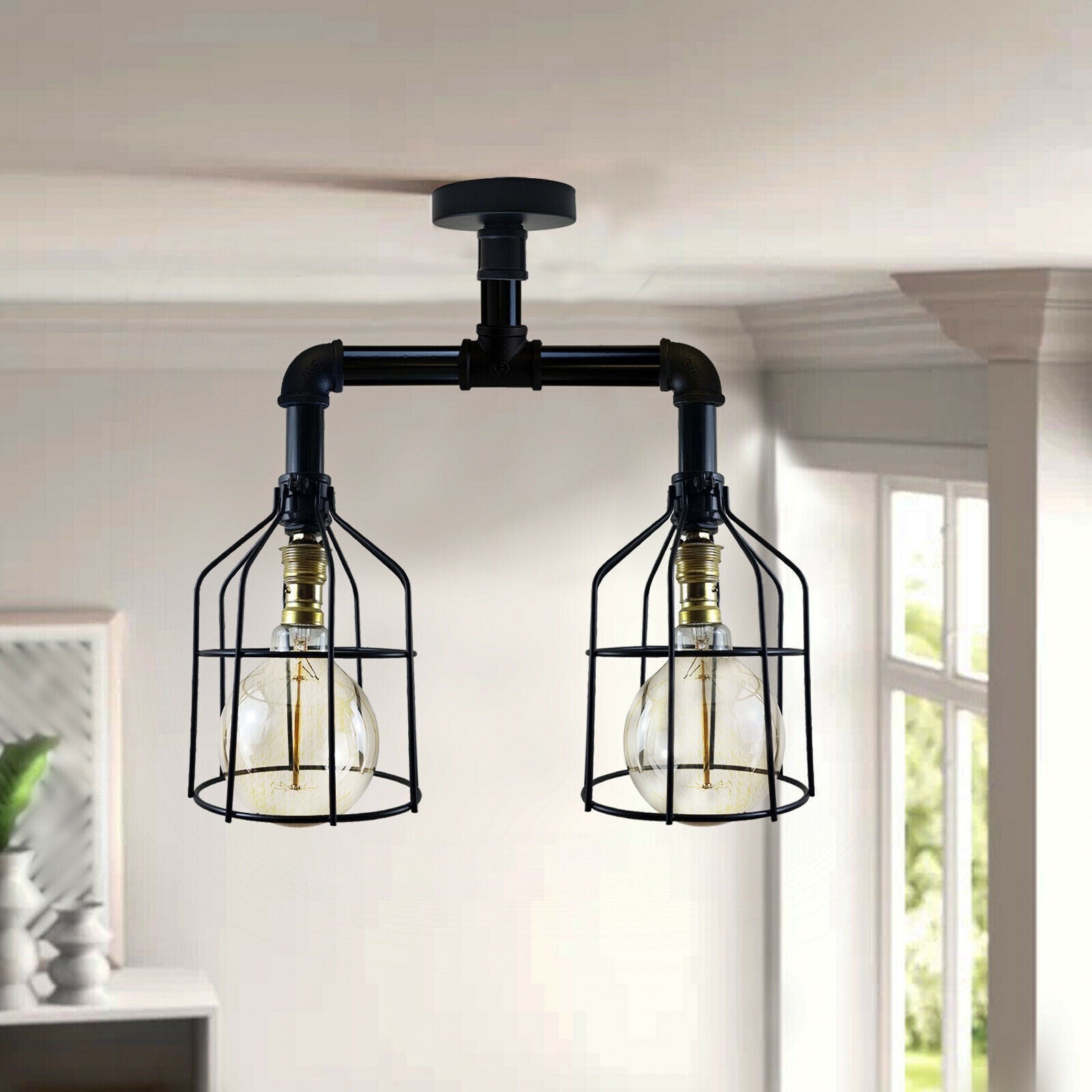 Industrial B22 Vintage Ceiling Lights Metal Pipe Retro Loft Ceiling and Cage Lamps~3667 - LEDSone UK Ltd